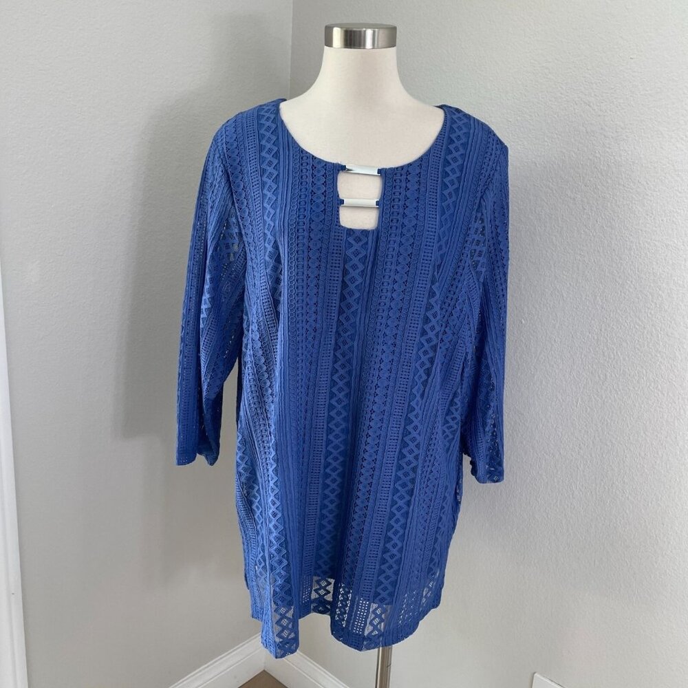 JM Collection Woman Plus 3X Blue Lace Overlay Tunic Top 3/4 Sleeve Shirt